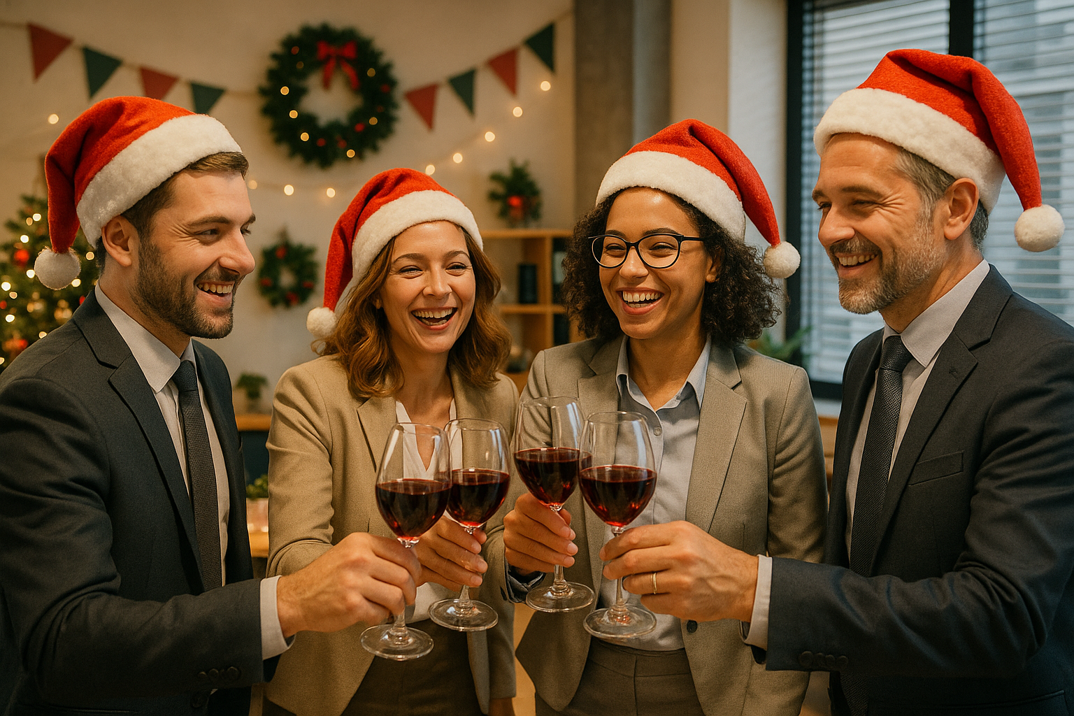 Celebración navideña empresarial con vino